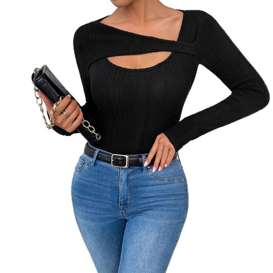 Womens Solid-Color Collar-Embellished Hollow-Out Long-Sleeve T-Shirt