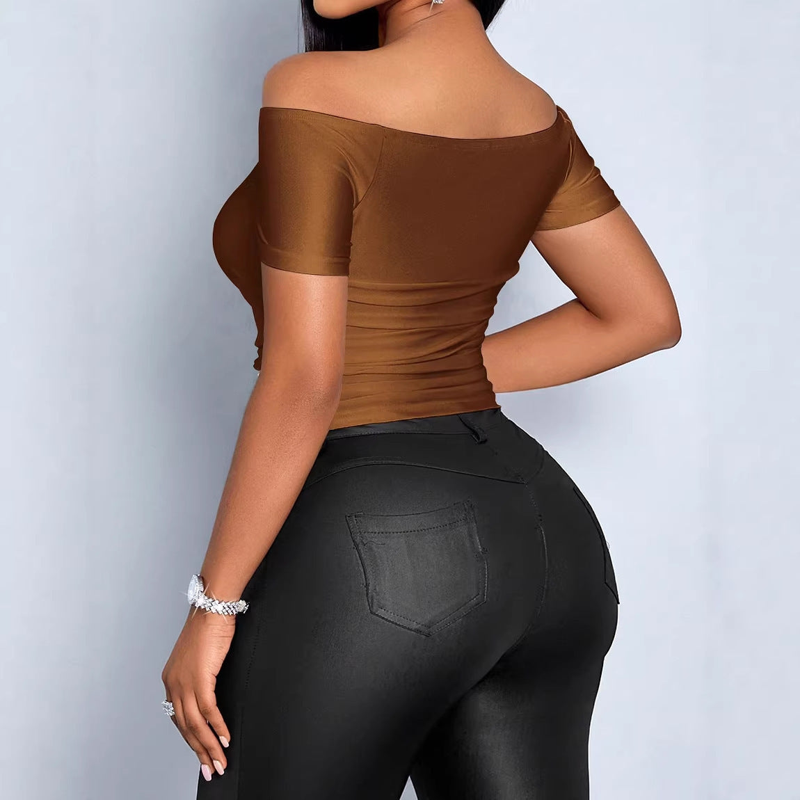 Womens Sexy Form-fitting Off-shoulder Short-sleeve T-shirt