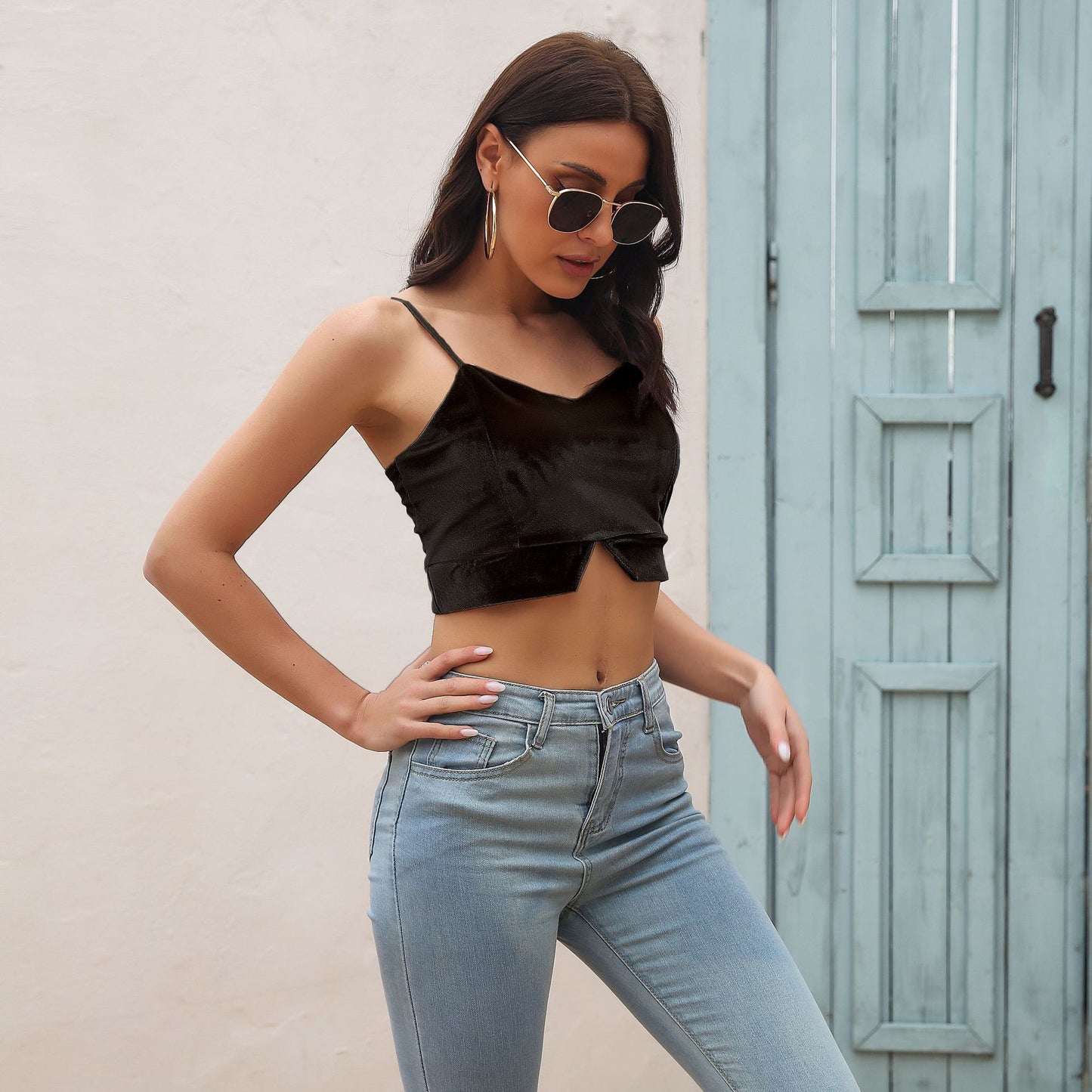 Stylish Womens Velvet V-Neck Slit Camisole