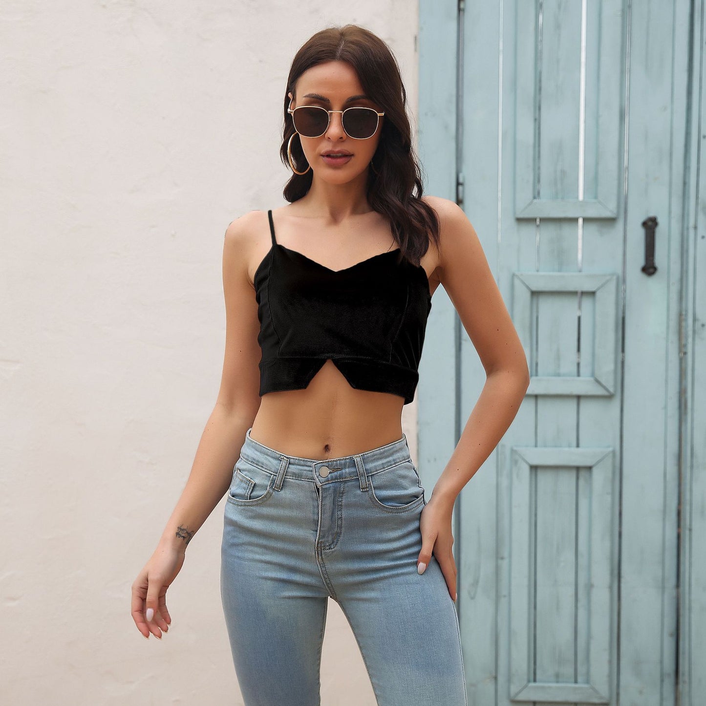 Stylish Womens Velvet V-Neck Slit Camisole